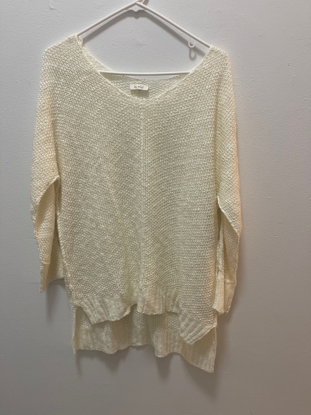 LA MIEL Cream Open-Knit Scoop Neck Sweater